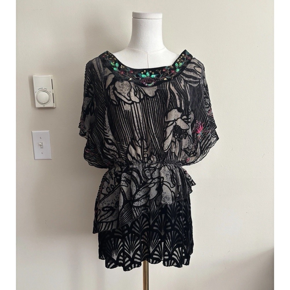 Vtg 90s Burnout Velvet Top Womens Large XL XXL Whimsigoth Embroidered Floral